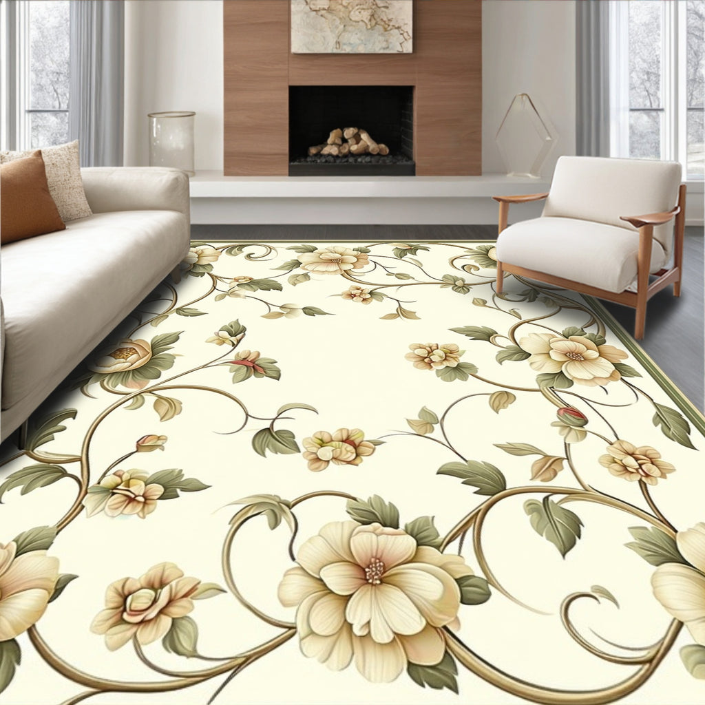 Creamy Floral Vine Scroll Design Rug