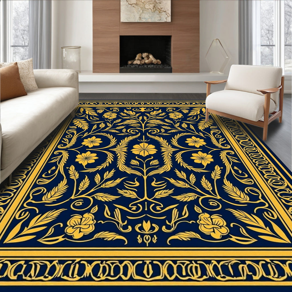 Ornate Blue And Gold Floral Rug