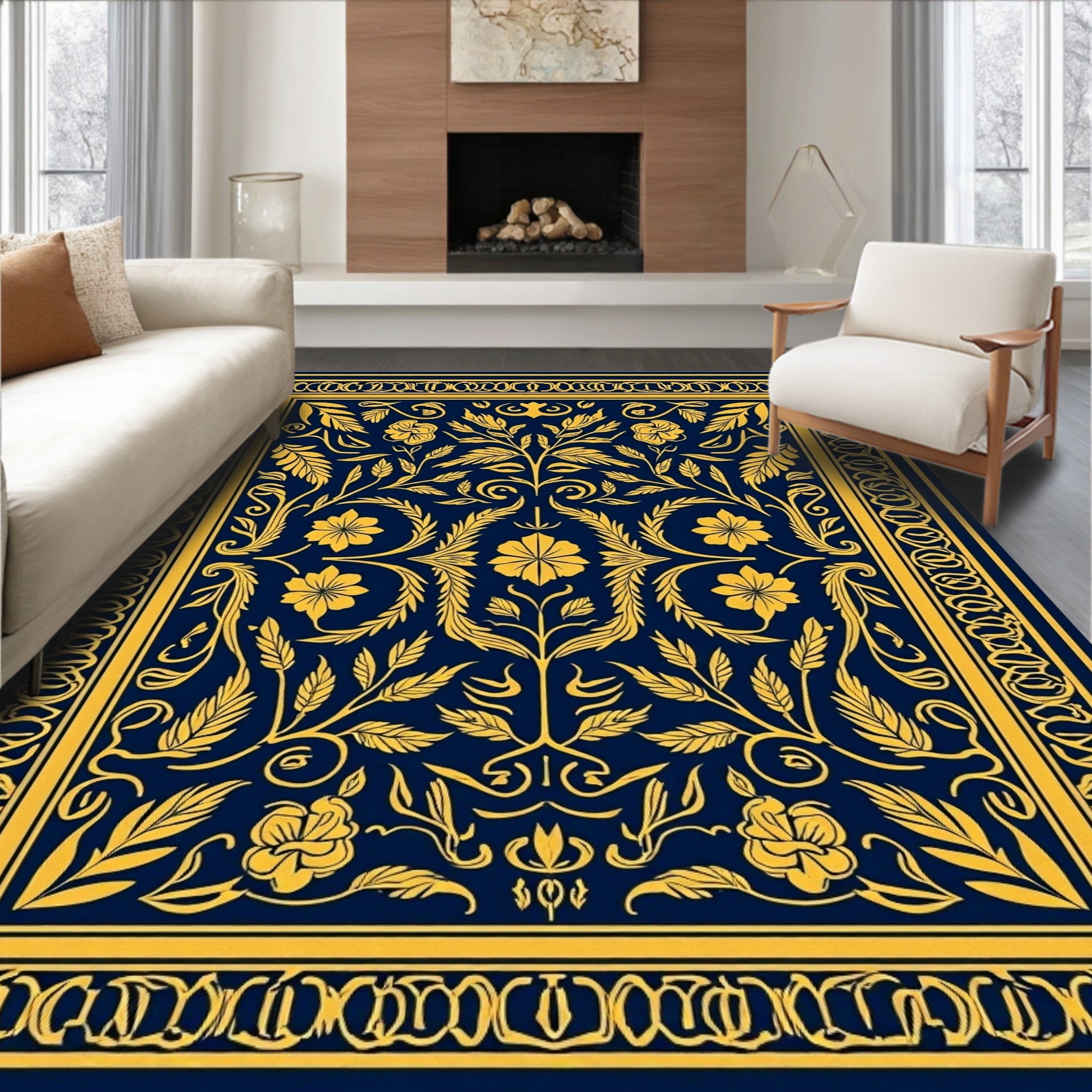 Ornate Blue And Gold Floral Rug