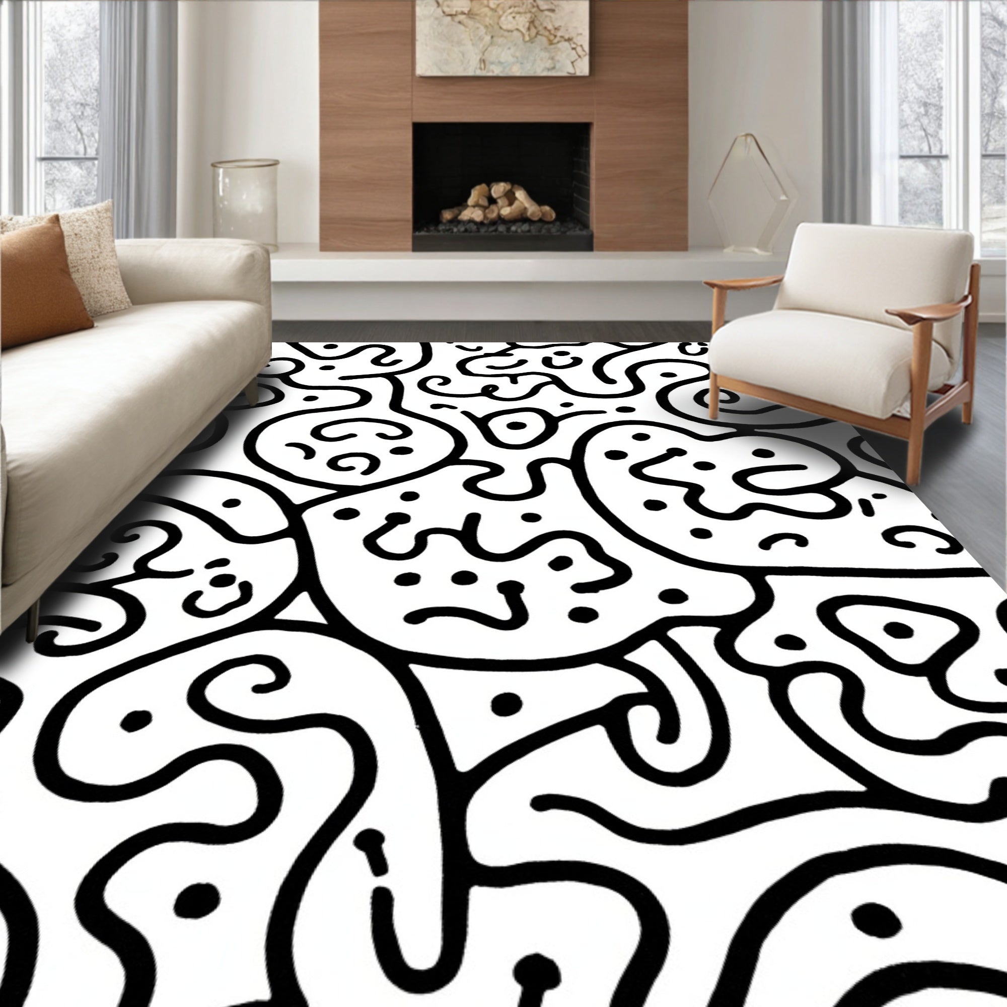 Abstract Black White Doodle Pattern Rug