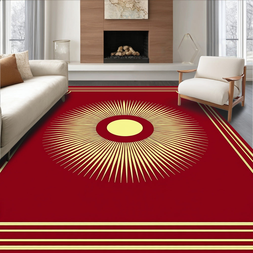 Crimson Yellow Sunburst Art Deco Rug