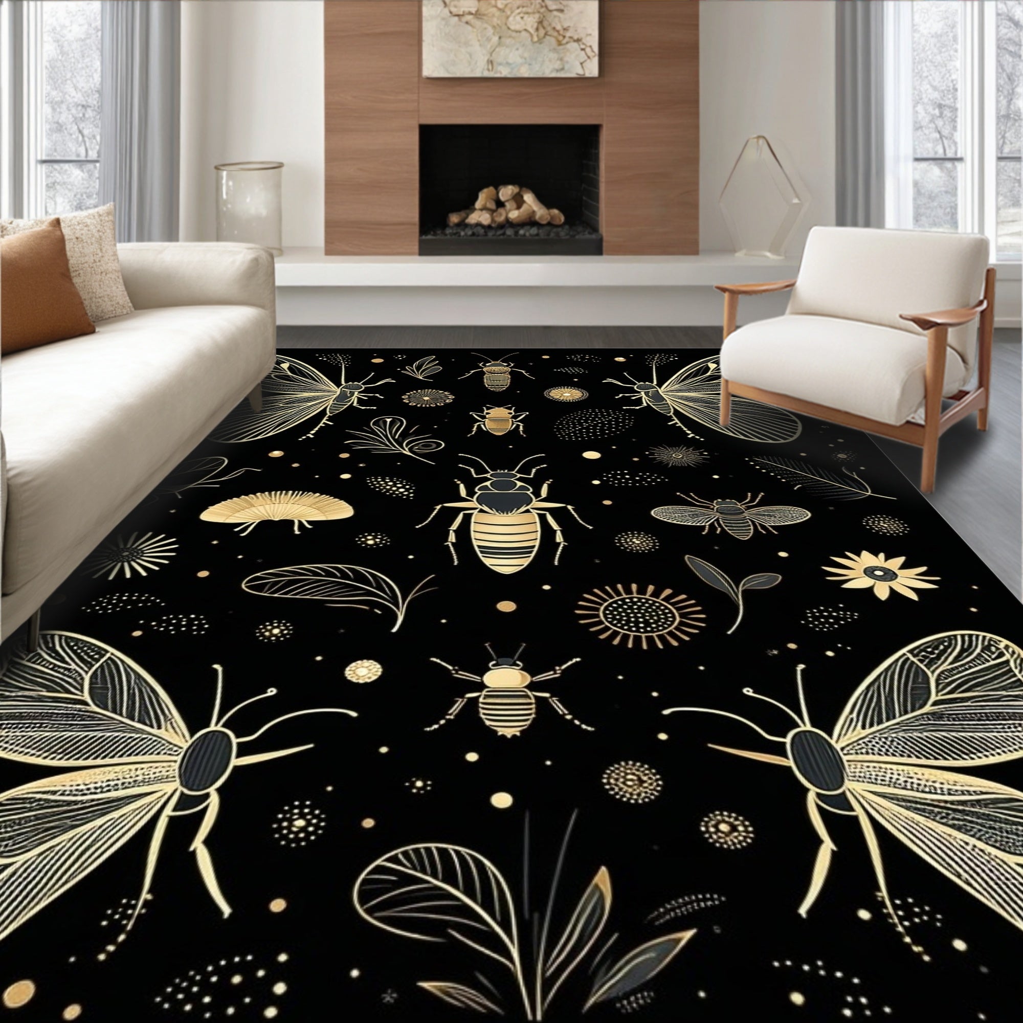 Elegant Gold Insect Butterfly Design Rug
