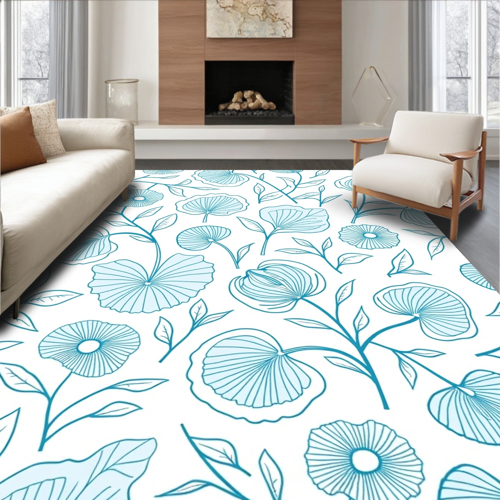 Delicate Teal Floral Outline Pattern Rug