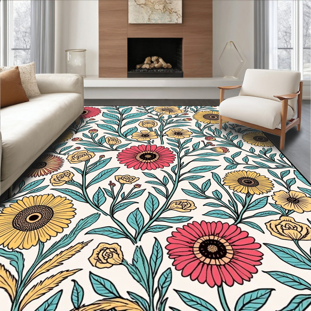 Retro Floral Pattern With Yellow Red Elements Rug