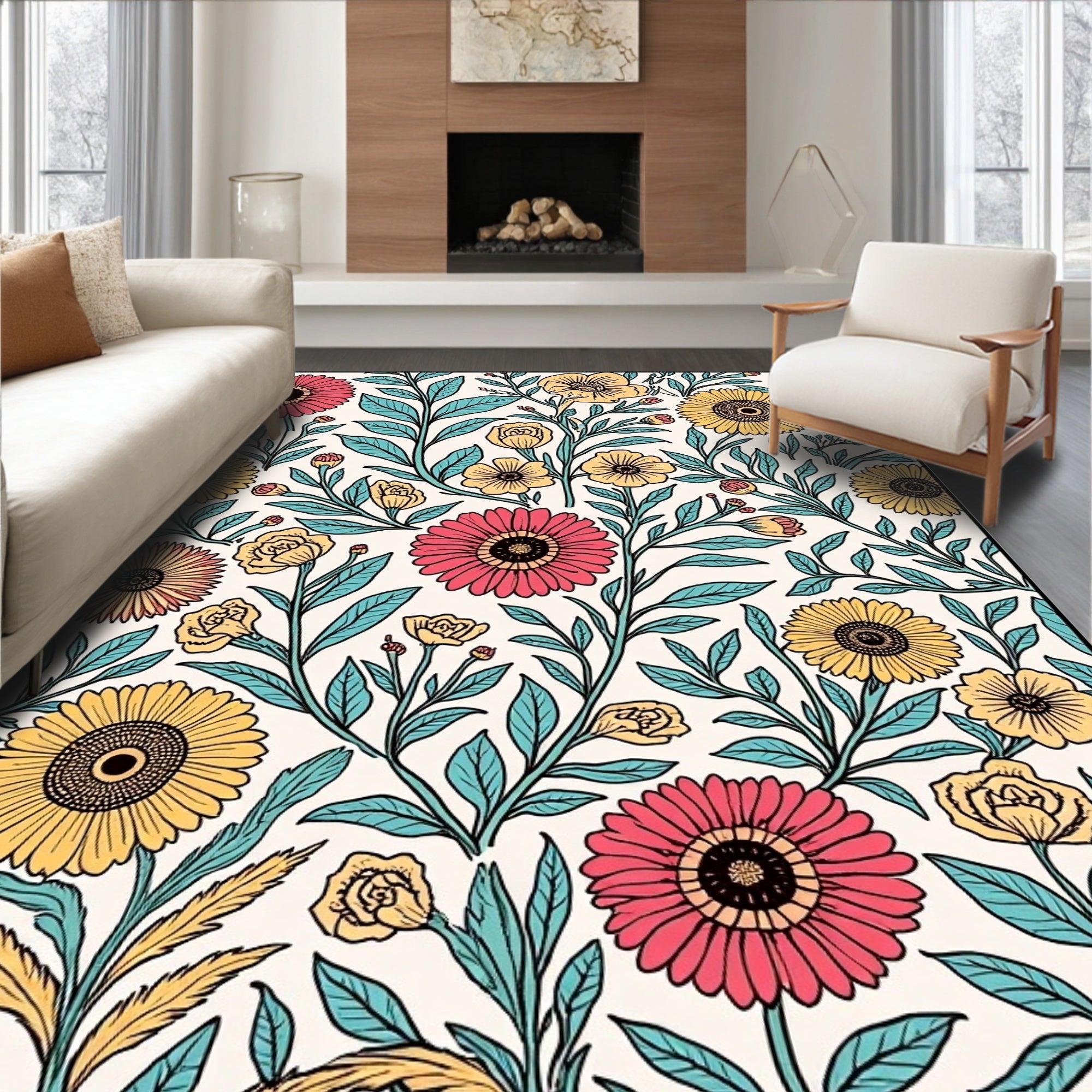 Retro Floral Pattern With Yellow Red Elements Rug