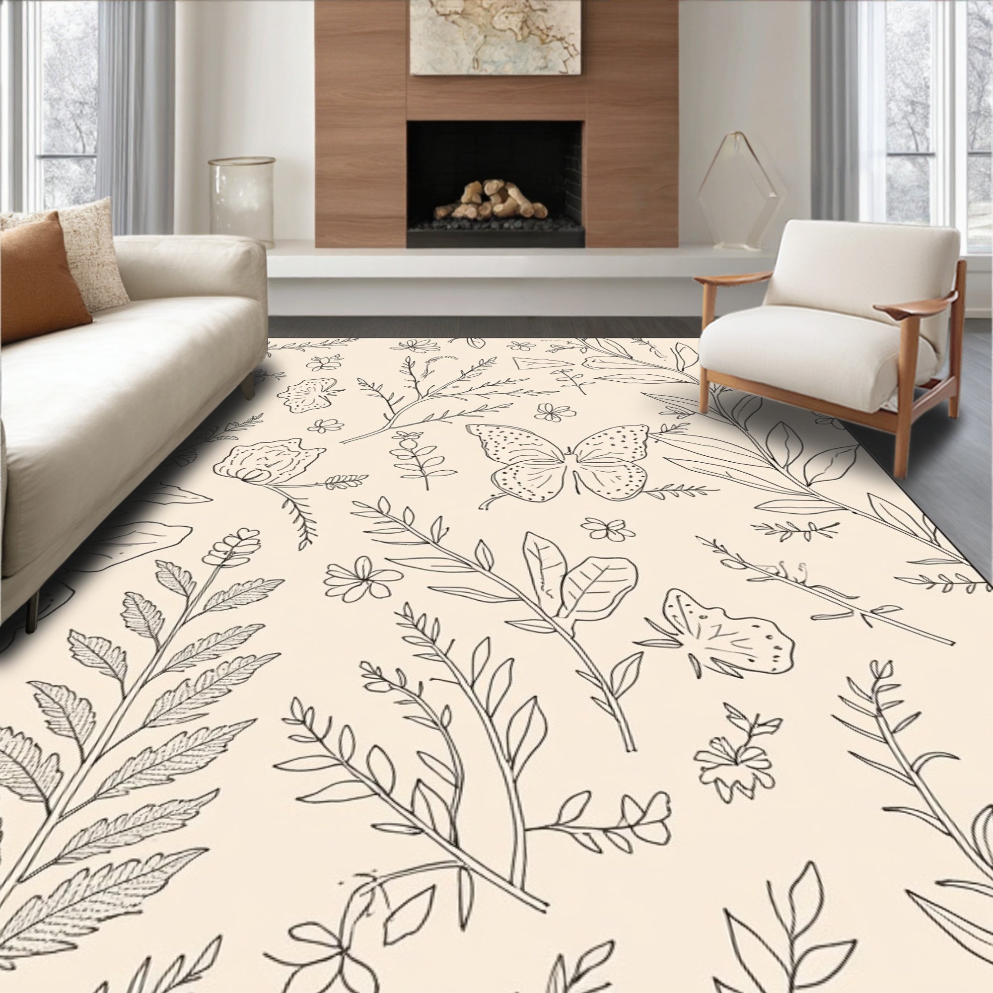 Botanical Butterfly Sketch Pattern Design Rug