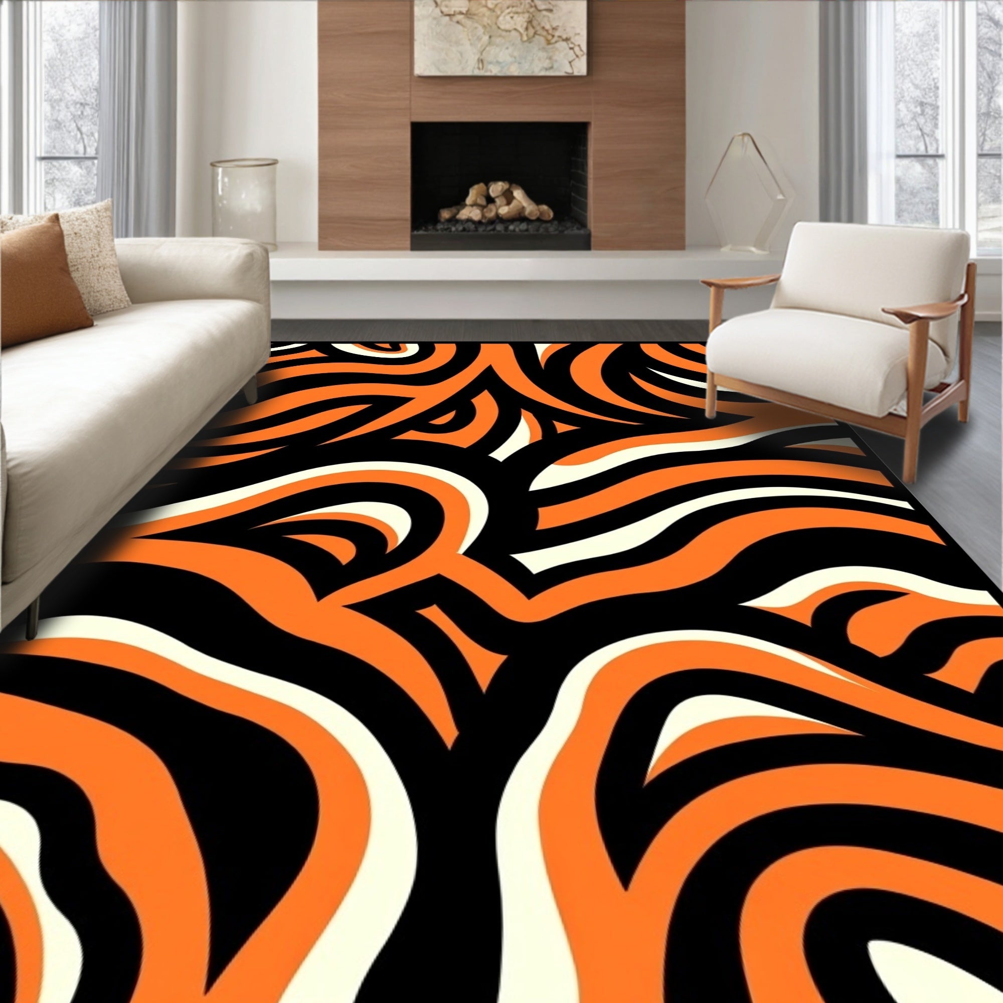 Bold Orange Cream Black Swirl Rug