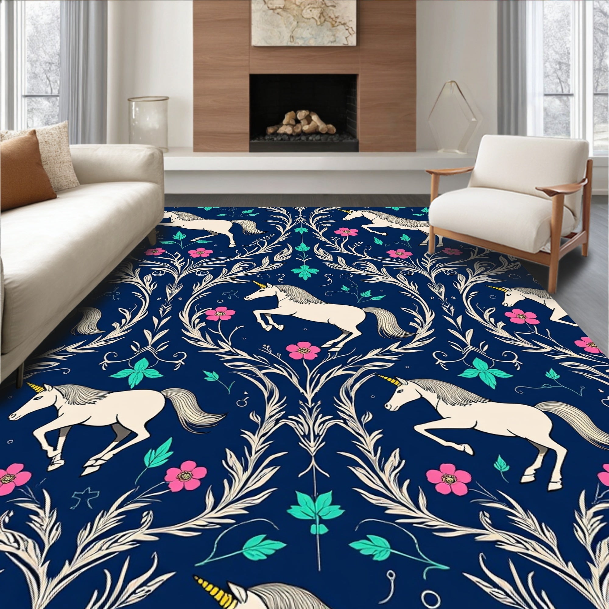 Grounded Unicorn Floral Navy Rug