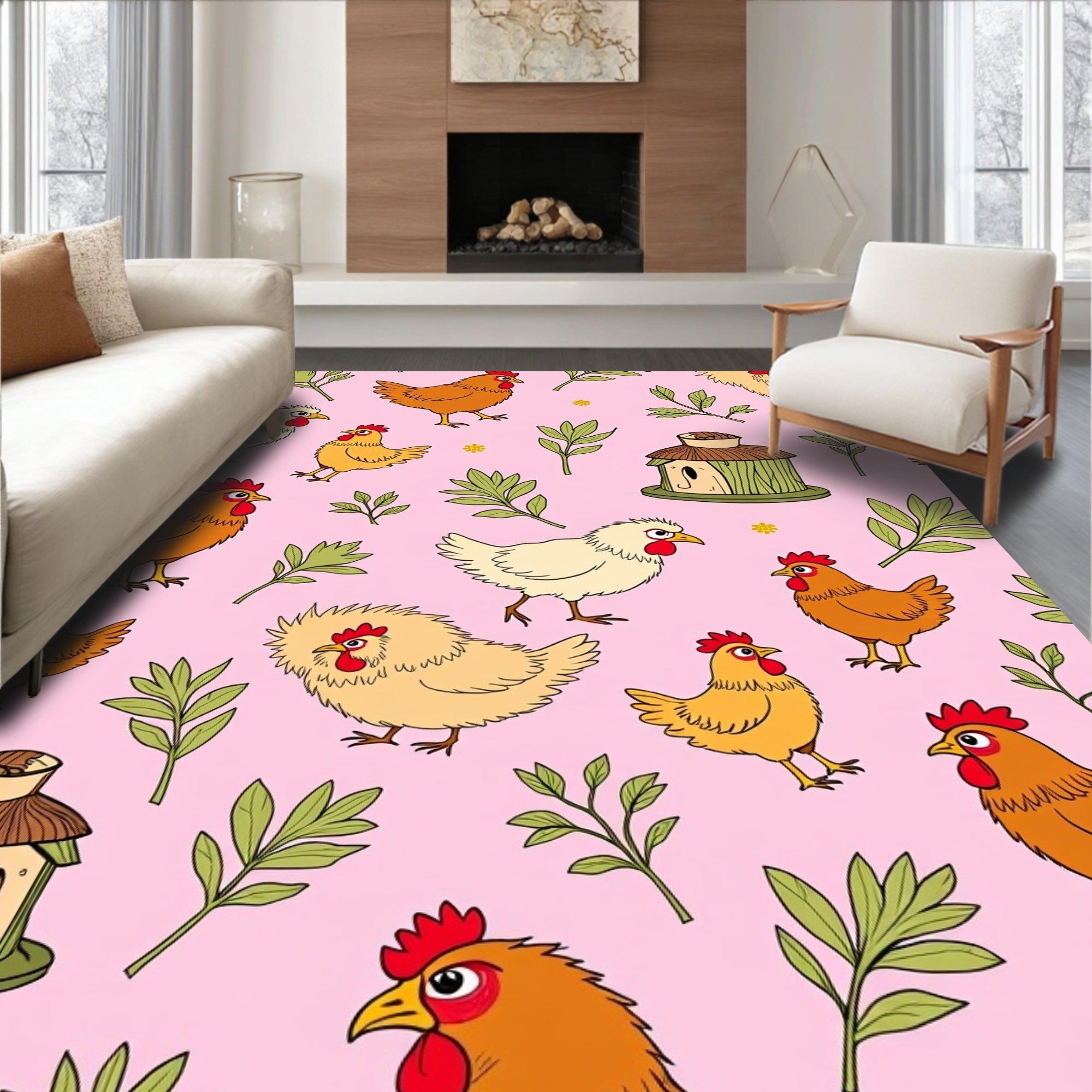 Pink Chicken Coop Foliage Collection Rug