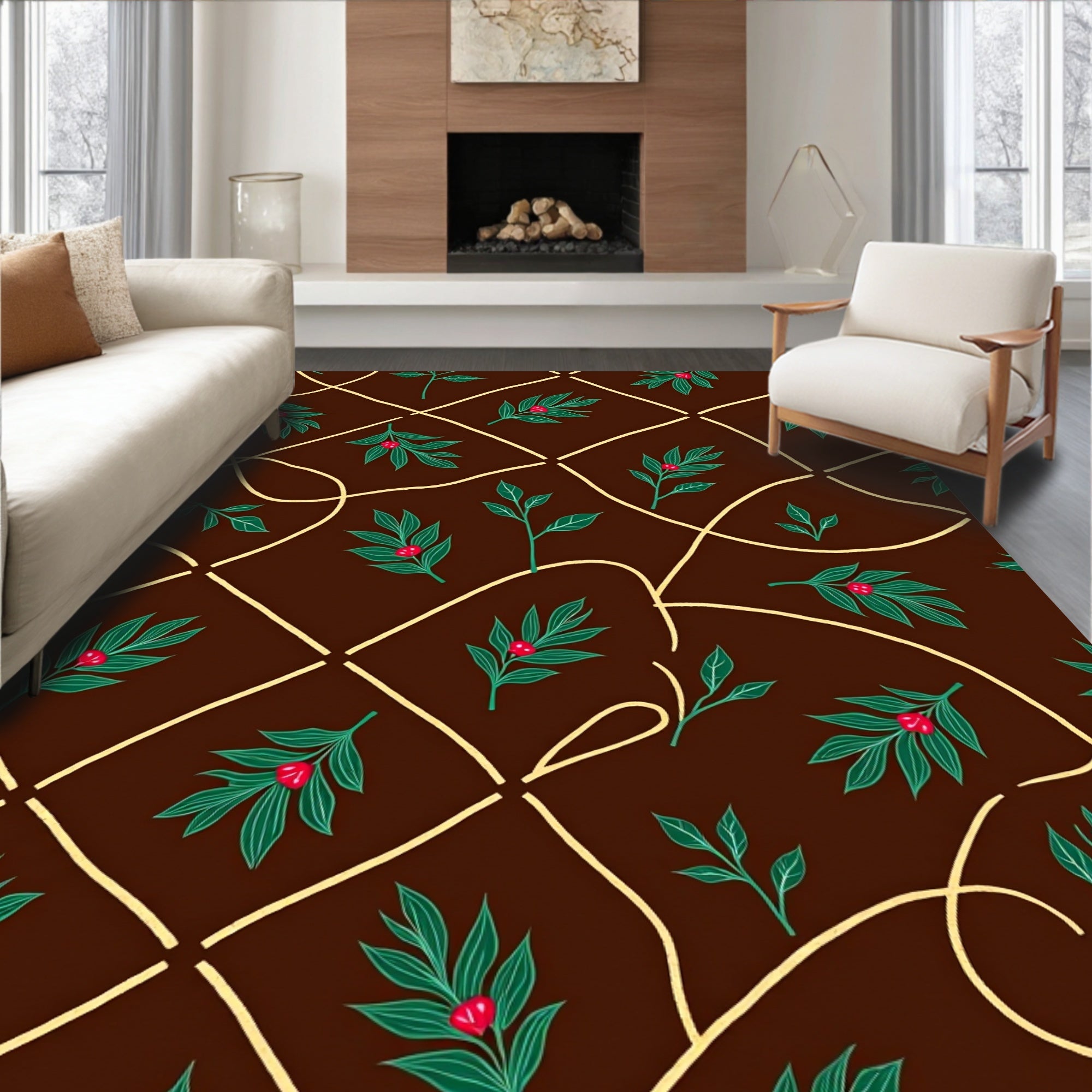 Brown Lattice Green Berry Botanical Rug