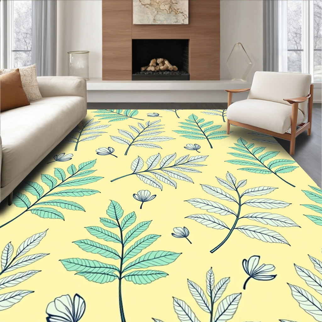 Delicate Botanical Pattern With Teal Leaves Rug