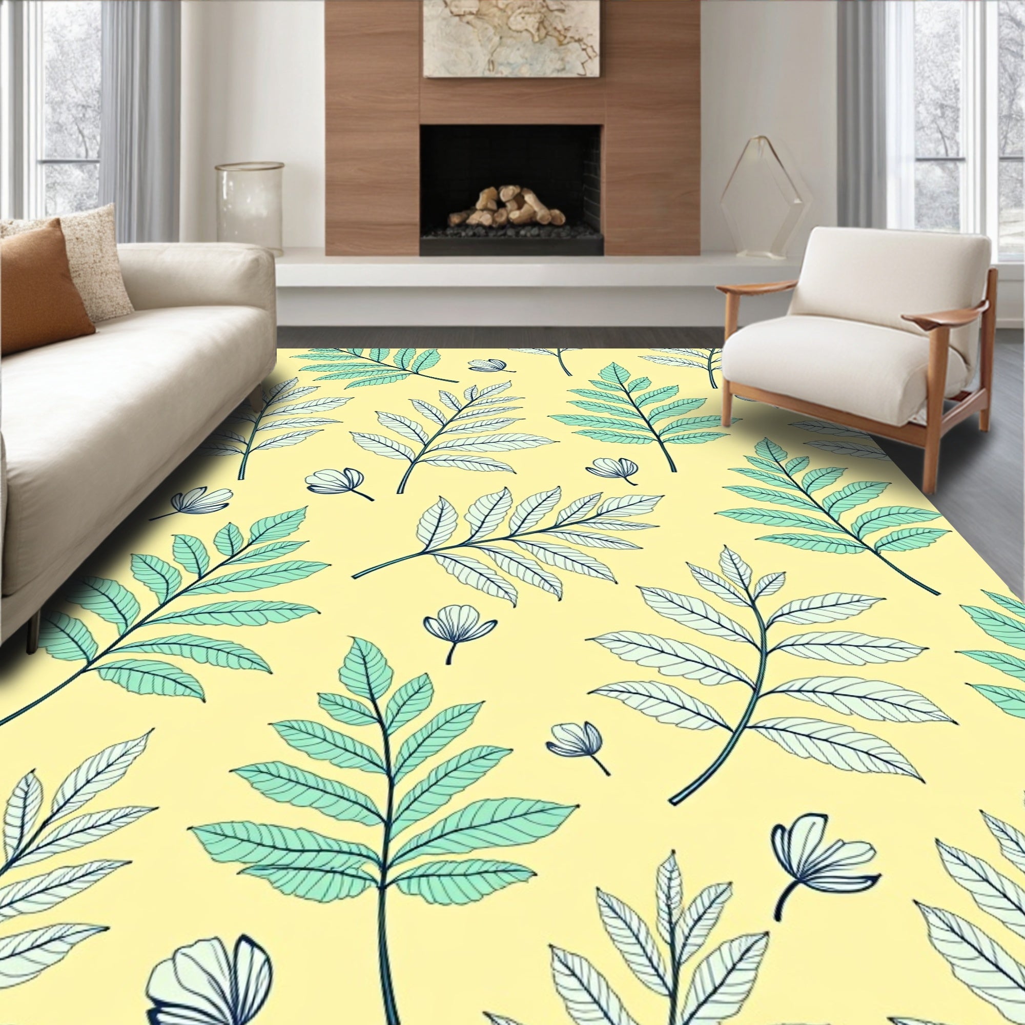 Delicate Botanical Pattern With Teal Leaves Rug