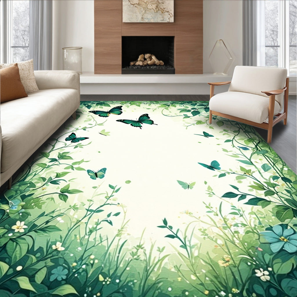 Emerald Green Butterfly Meadow Pattern Rug