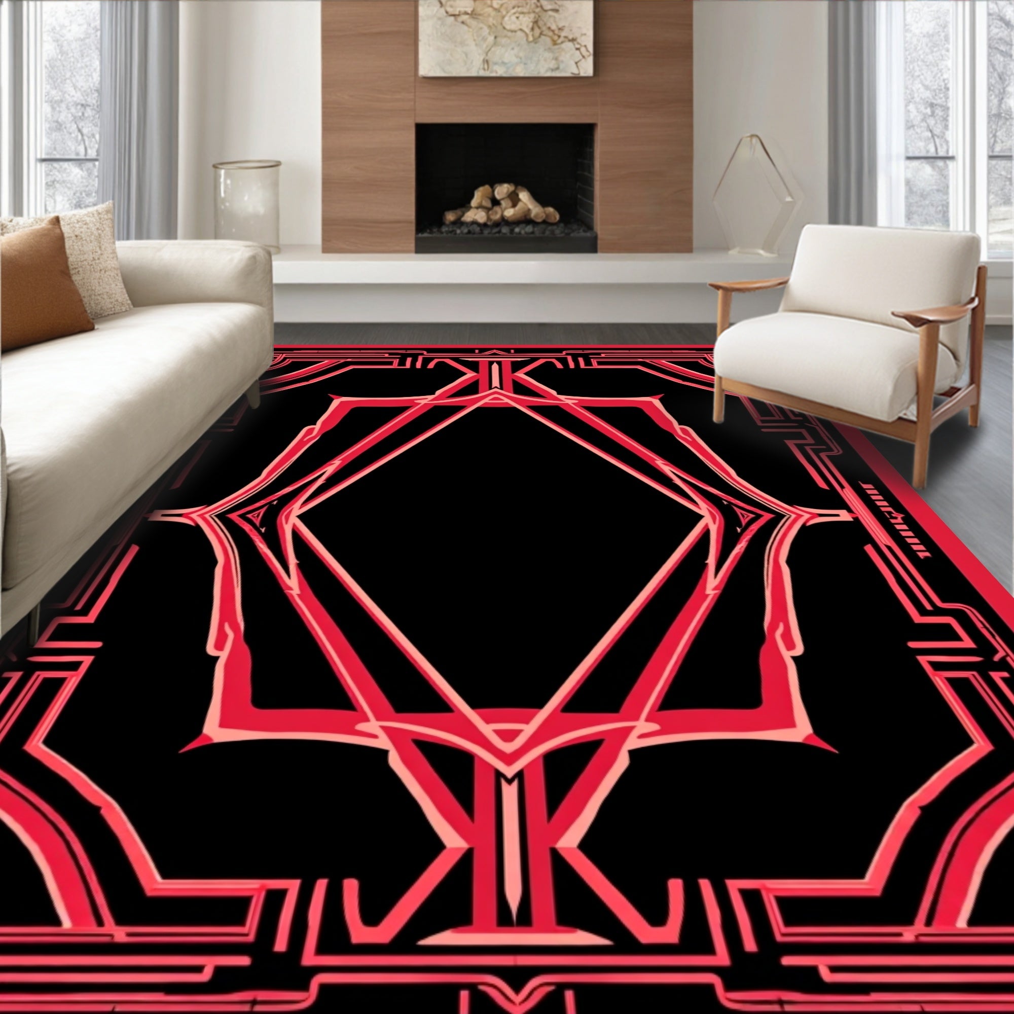 Bold Geometric Red Frame Rug