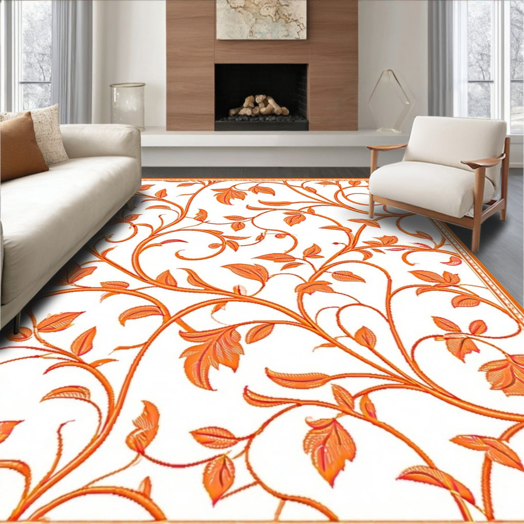 Elegant Orange Floral Vine Pattern Rug