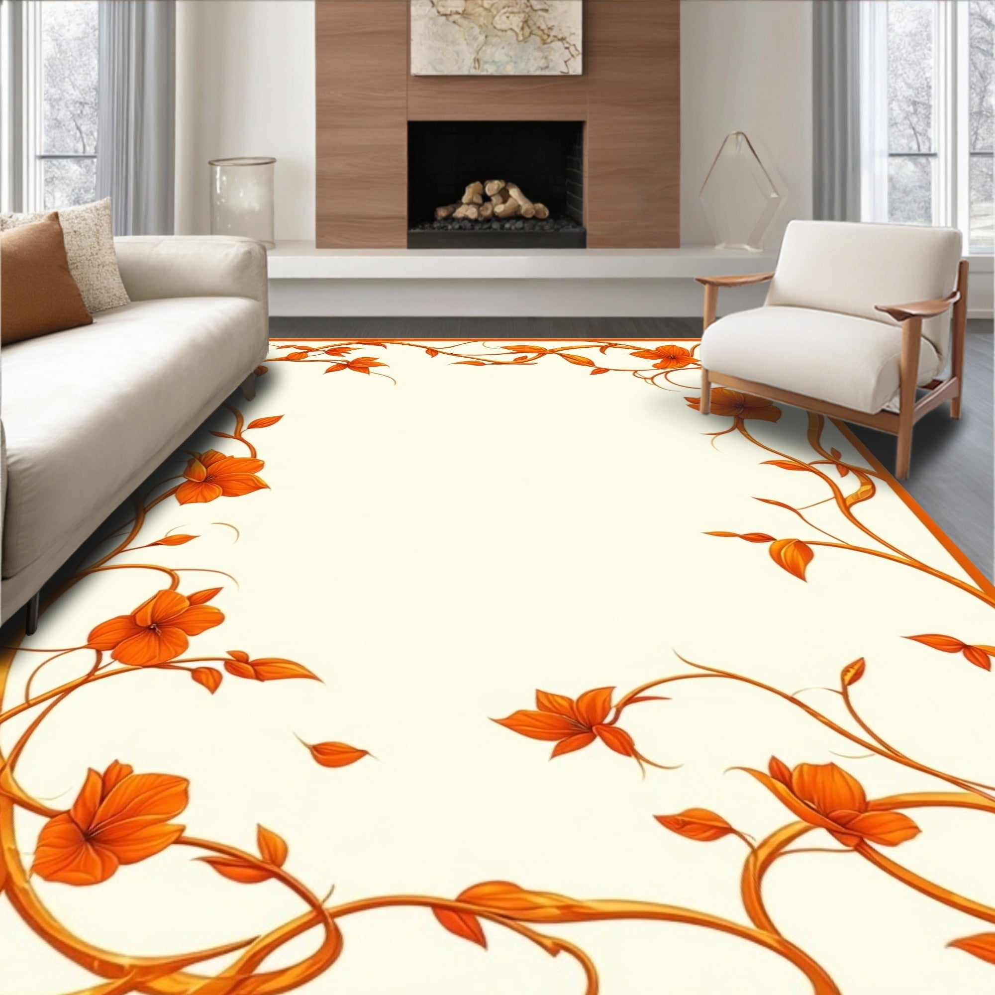 Ornate Orange Floral Vines Rug