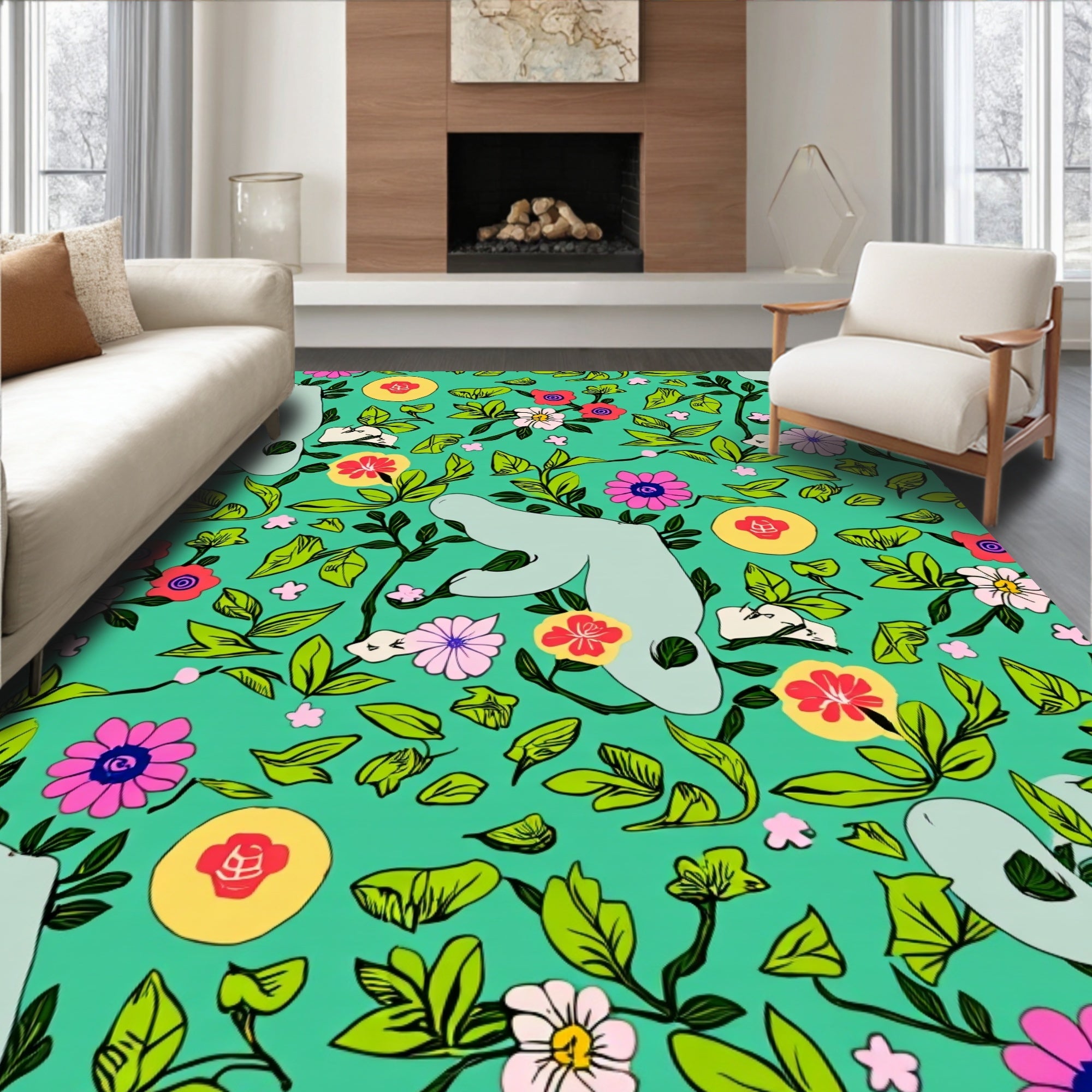 Whimsical Floral Animal Garden Rug