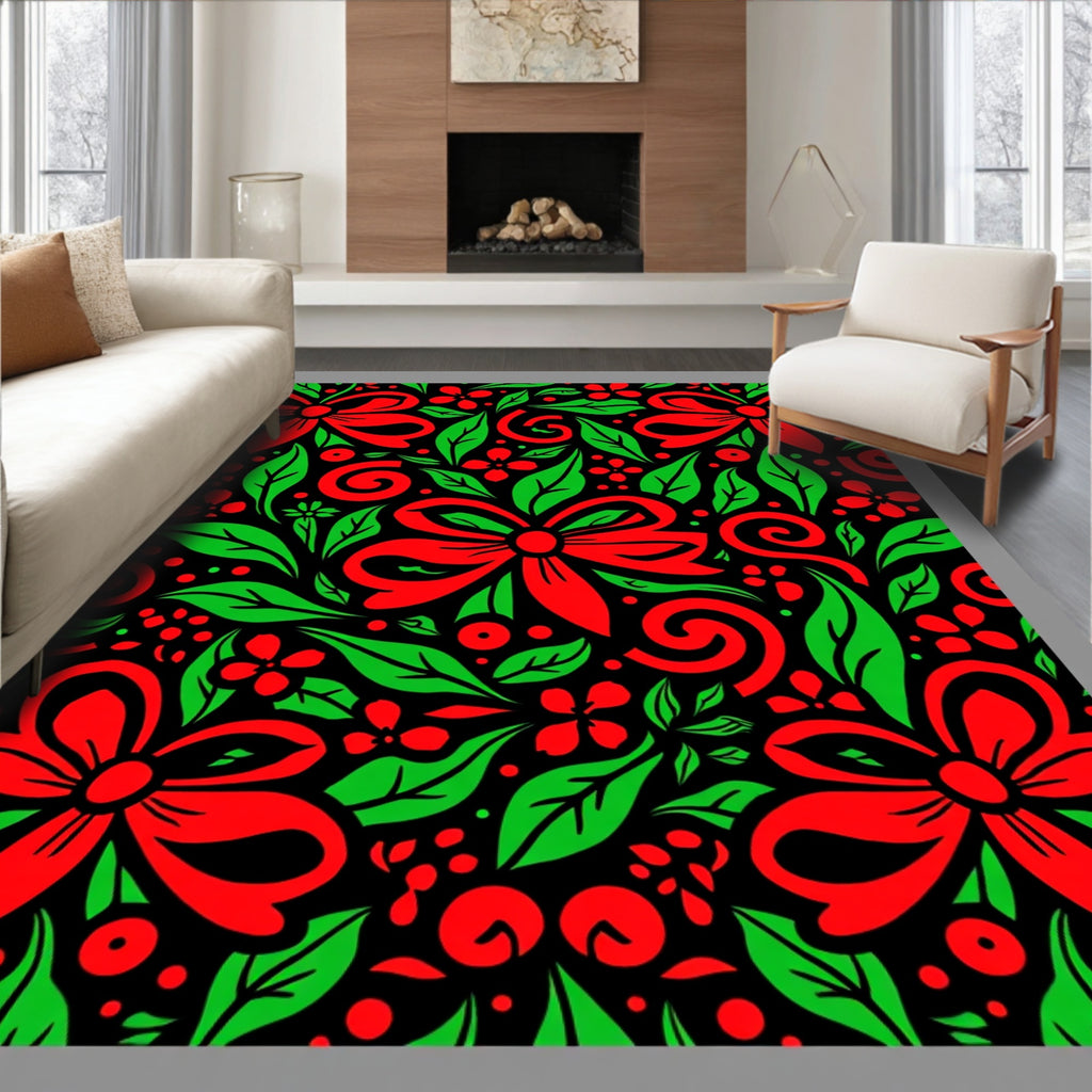 Red Green Bows And Leaves Arrangement Rug