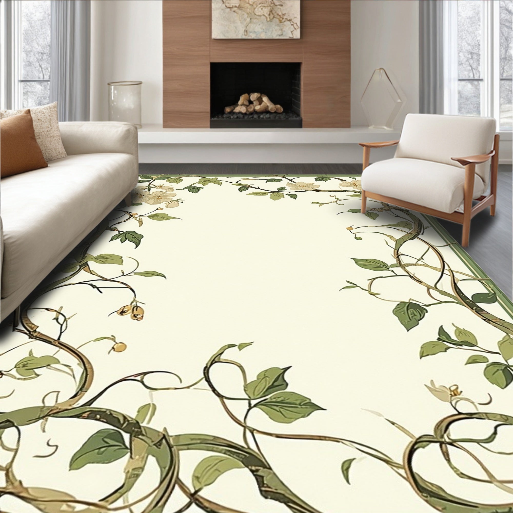 Vine and Floral Scroll Border Design Rug