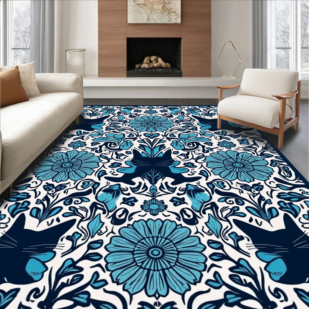 Blue Cat Floral Symmetry Pattern Rug