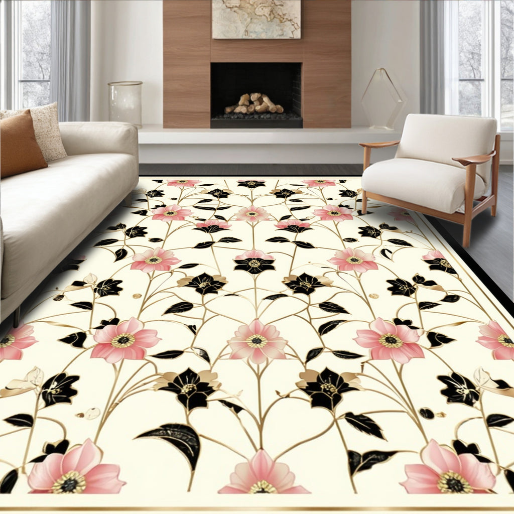Pink Black Floral Vines Pattern Rug