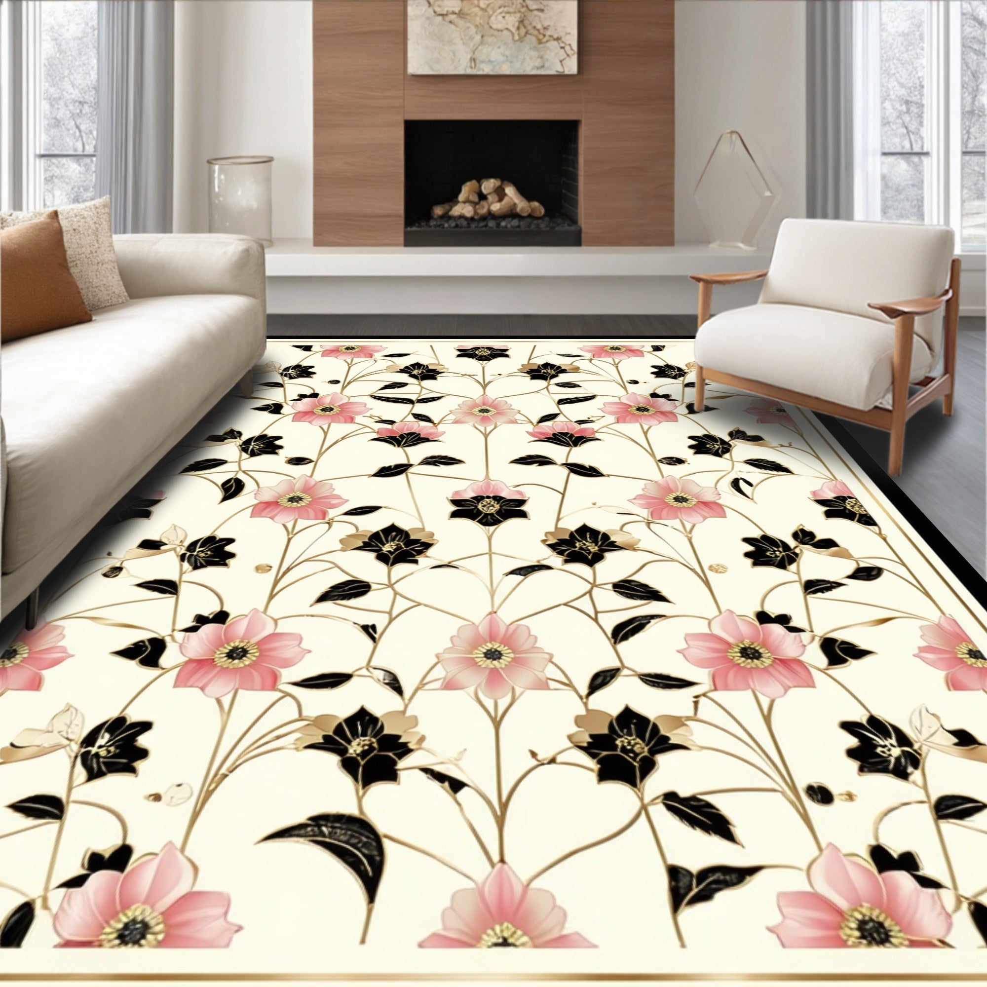 Pink Black Floral Vines Pattern Rug