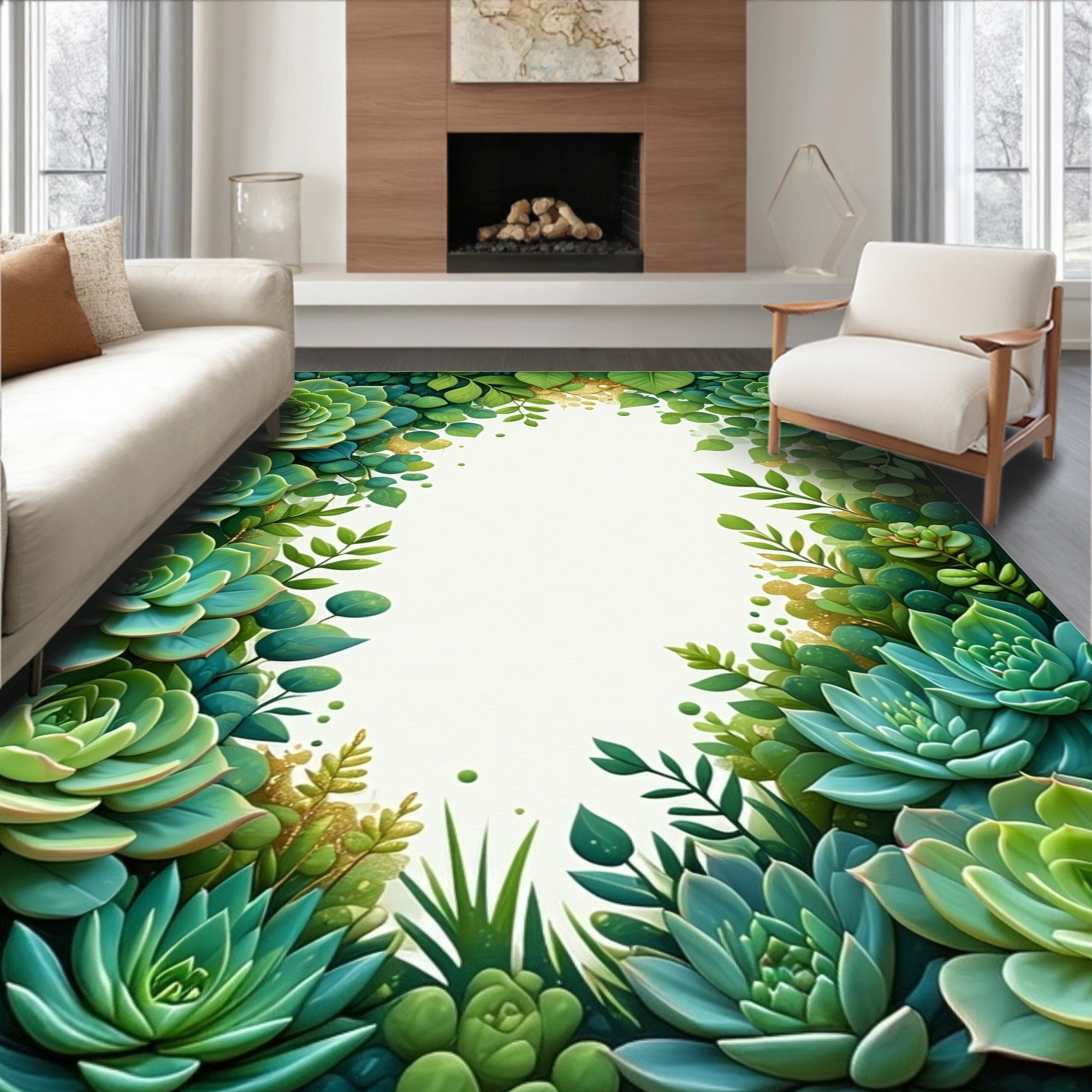 Green Succulent Leaf Botanical Design Rug