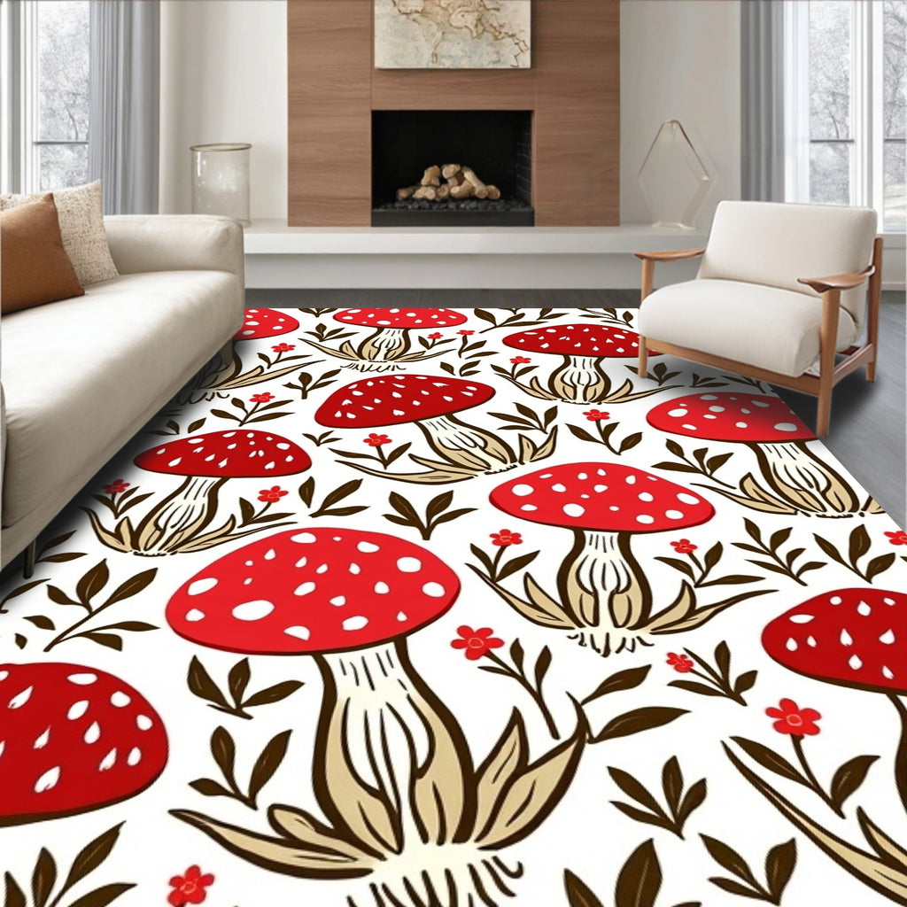 Whimsical Red Mushroom Nature Pattern Rug