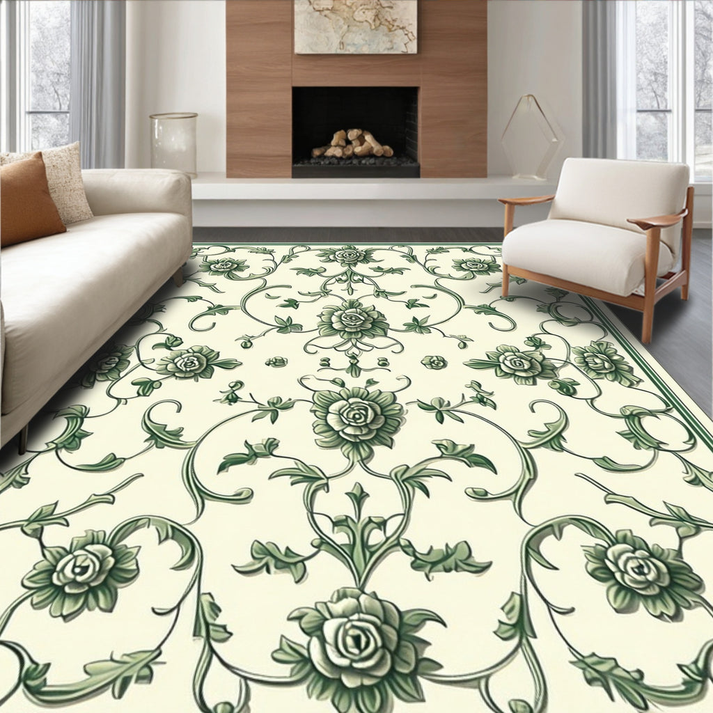 Ornate Green Floral Vine Pattern Rug