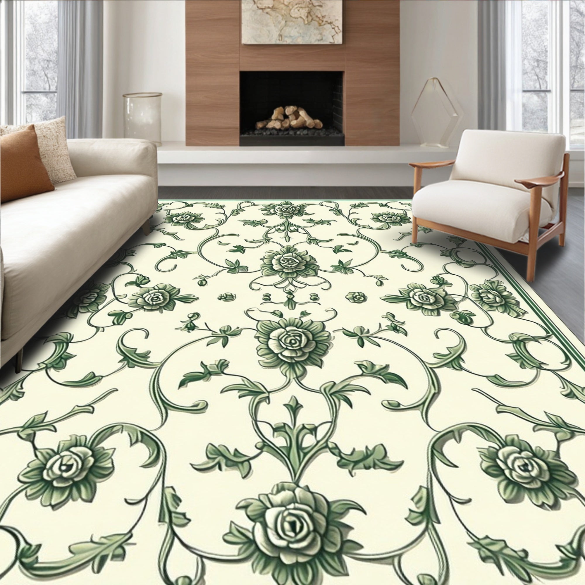 Ornate Green Floral Vine Pattern Rug
