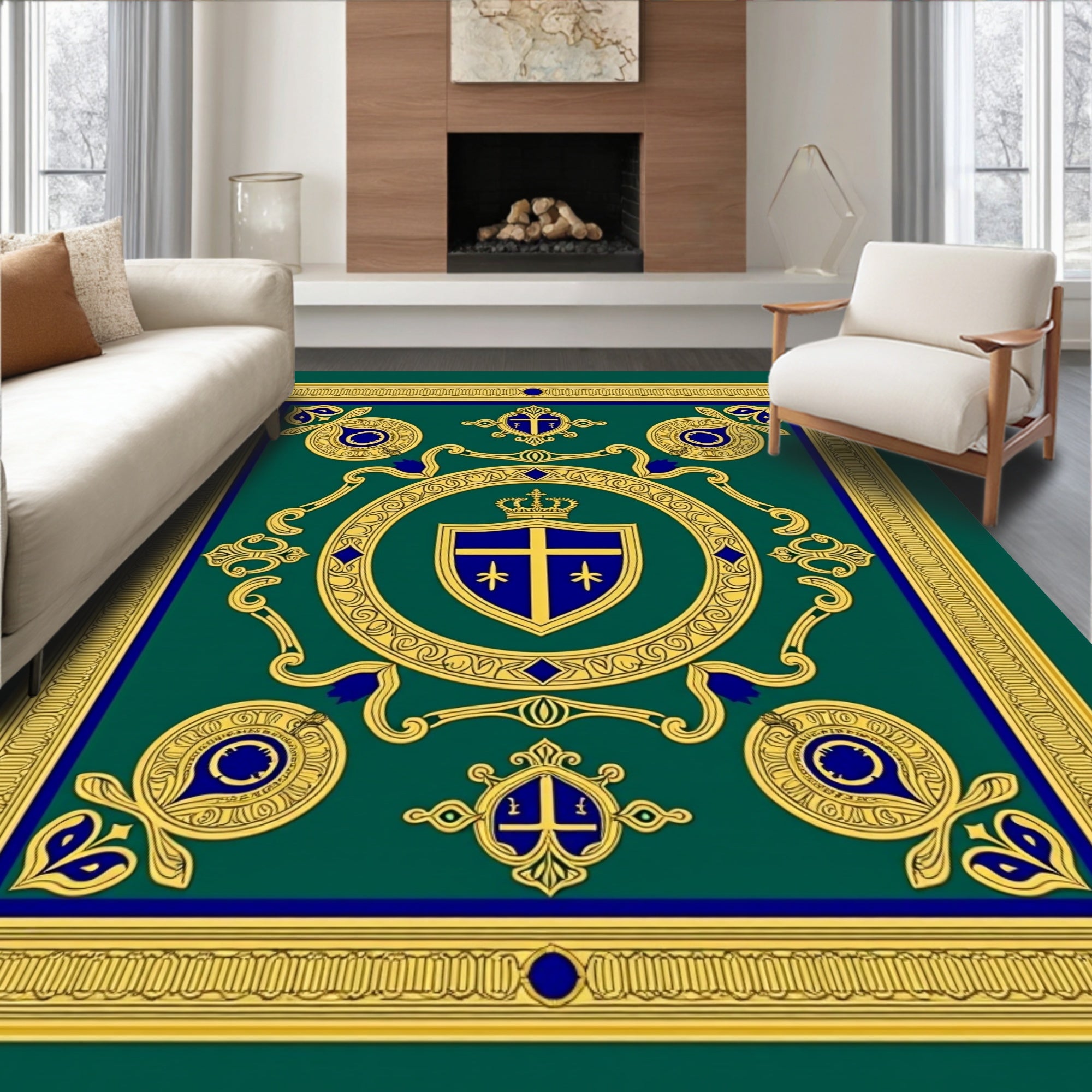 Regal Blue Gold Crest Frame Rug