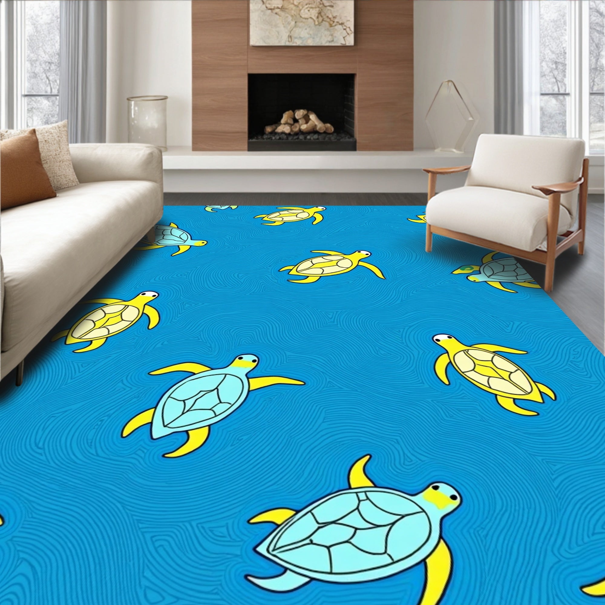 Cute Turtle Pattern With Blue Waves Rug