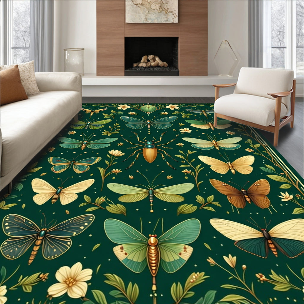 Emerald Green Insect Floral Pattern Rug