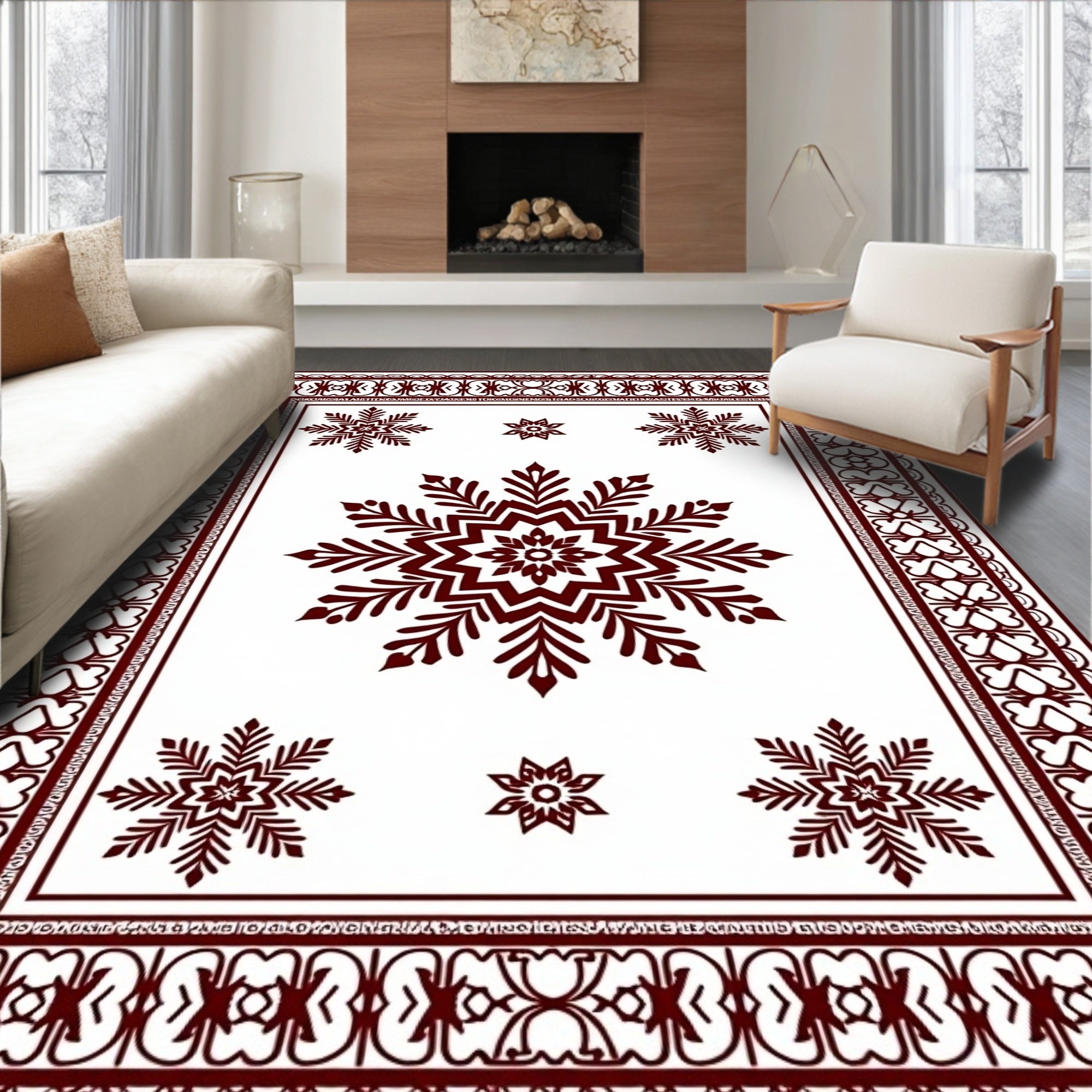 Deep Red Starburst Snowflake Mandala Rug