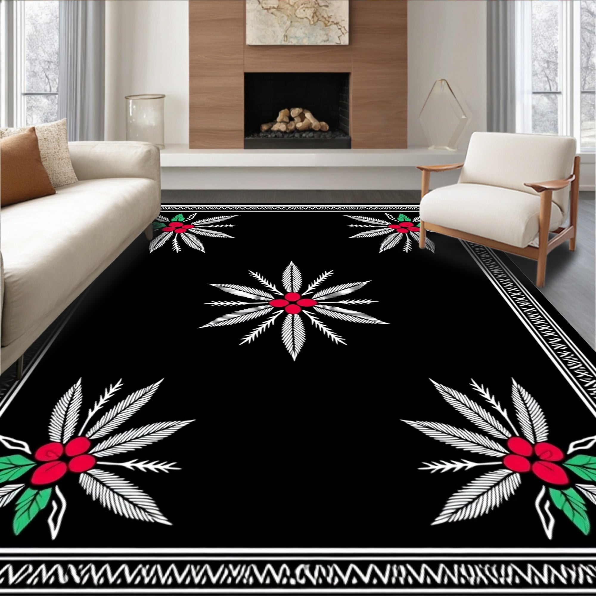 Black Red Berry Leaf Arrangement Rug