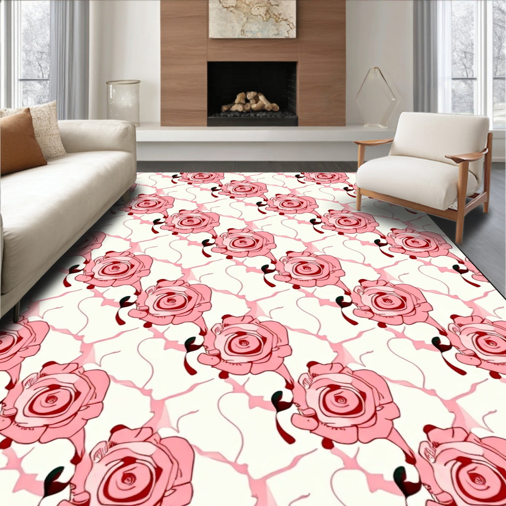 Pink Rose Patterned Contemporary Rug