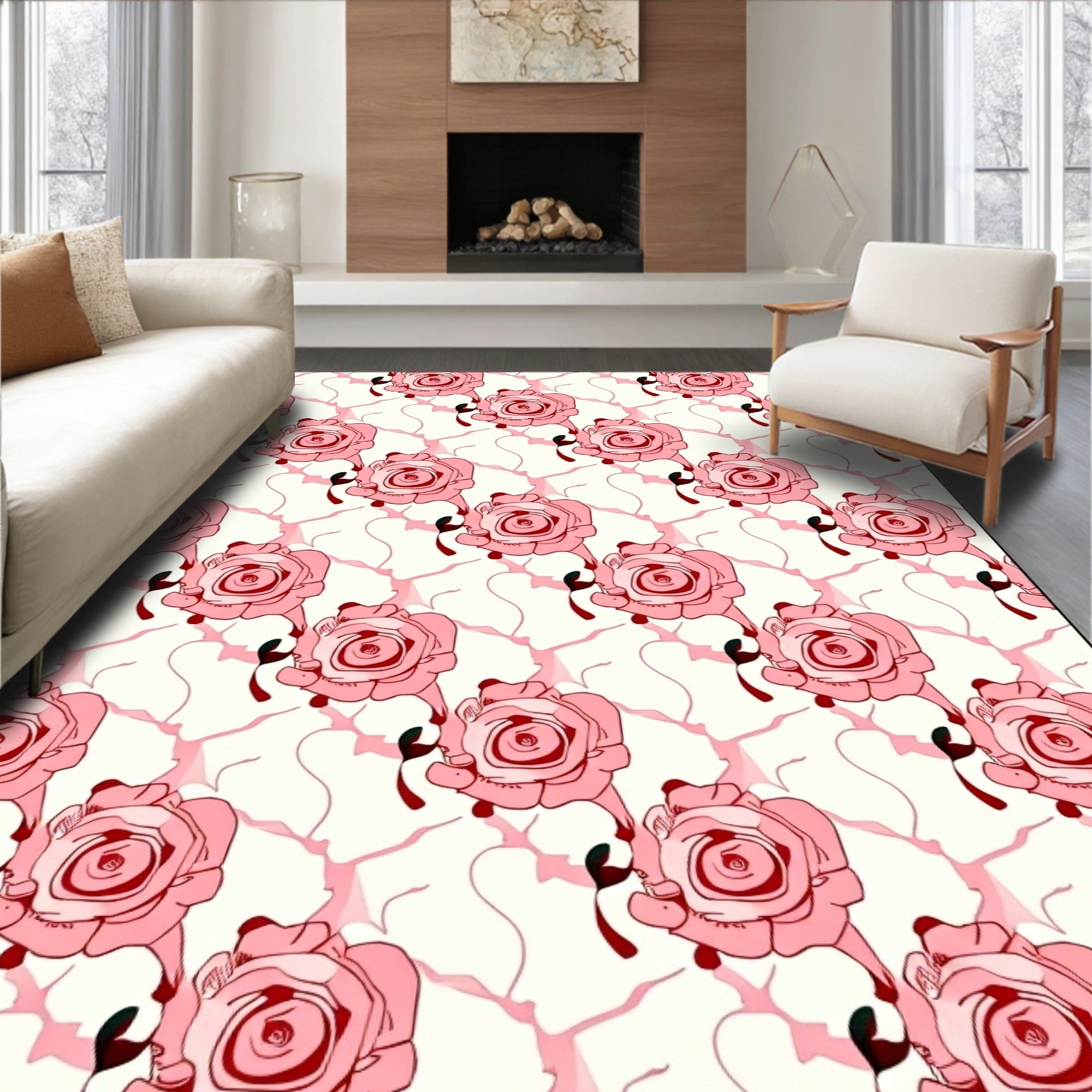 Pink Rose Patterned Contemporary Rug