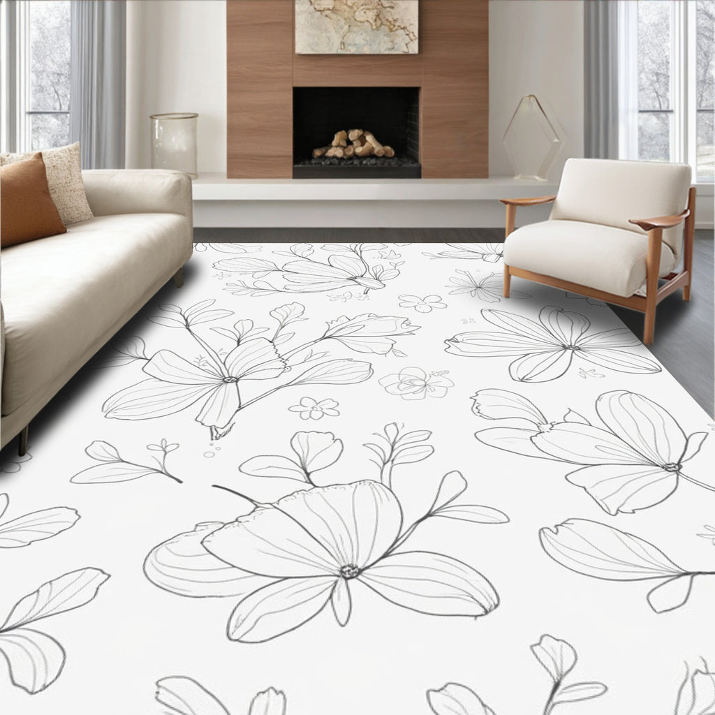 Delicate Floral Outline Line Art Rug