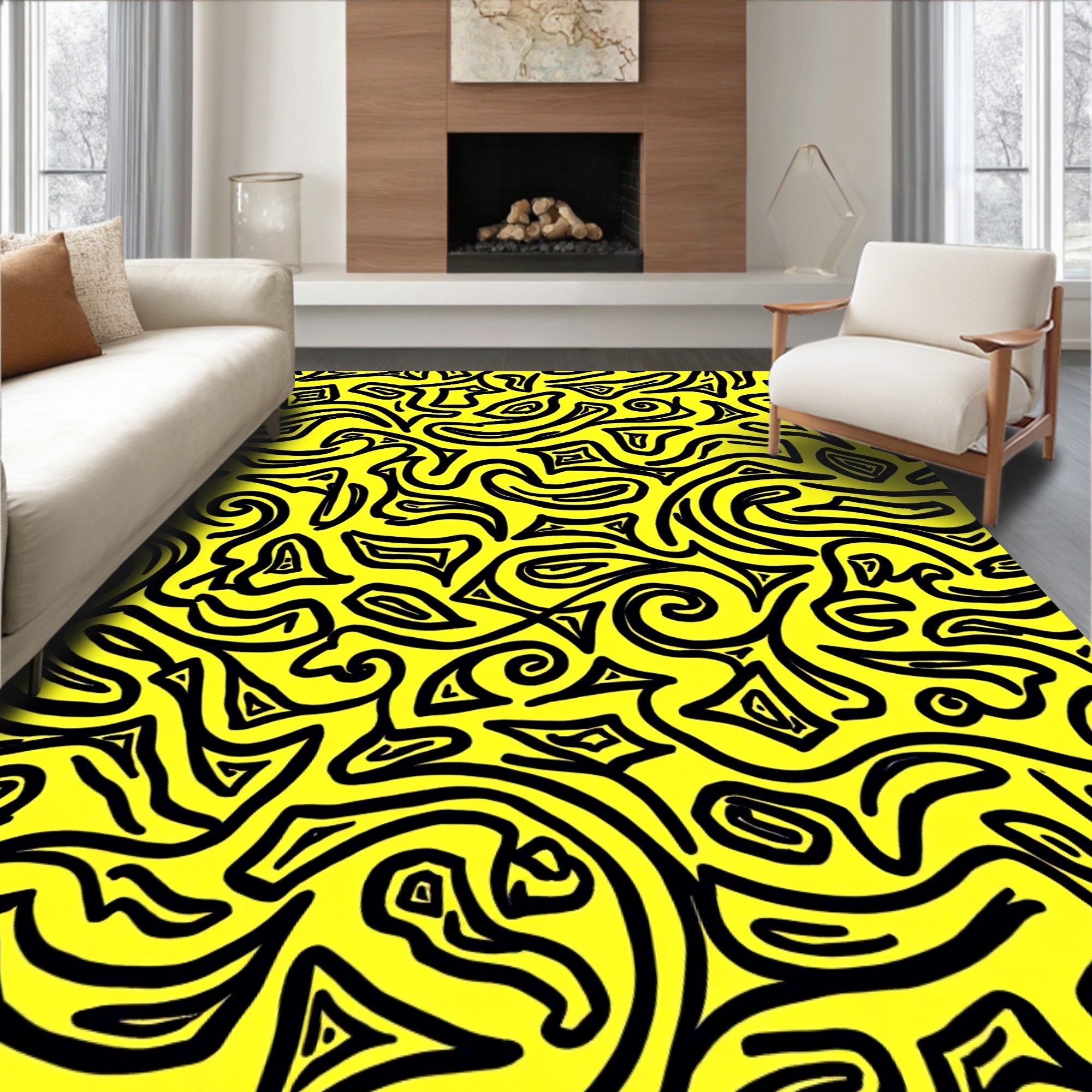 Abstract Yellow Black Swirl Pattern Rug