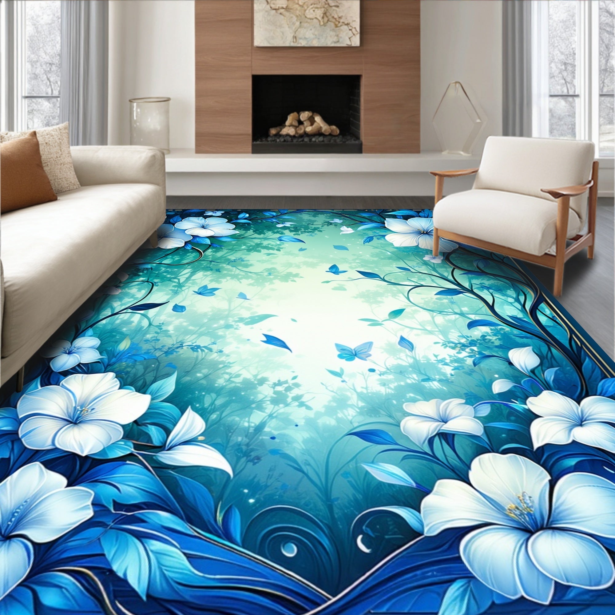 Enchanting Blue Floral Butterfly Garden Rug