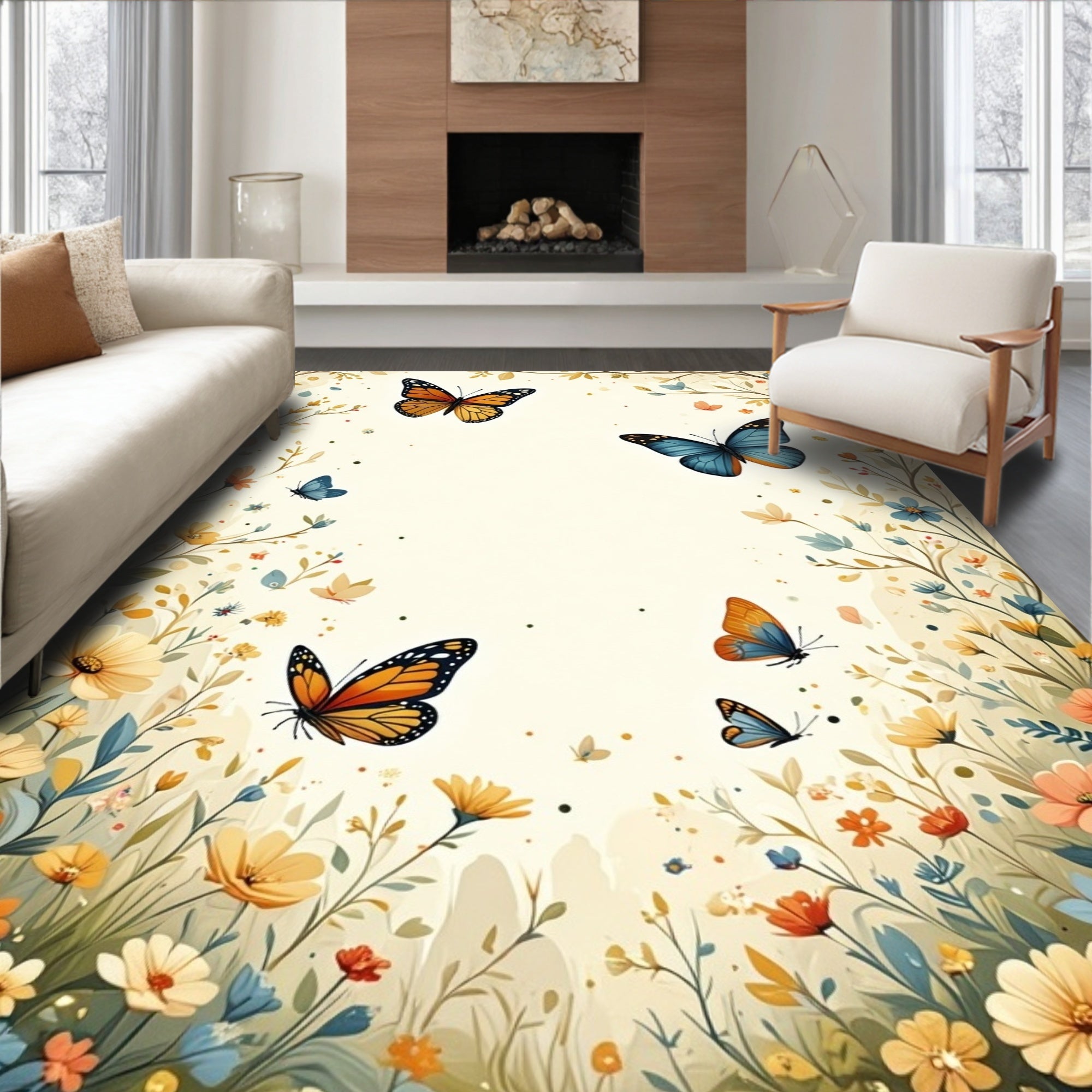 Whimsical Butterflies Floral Garden Design Rug