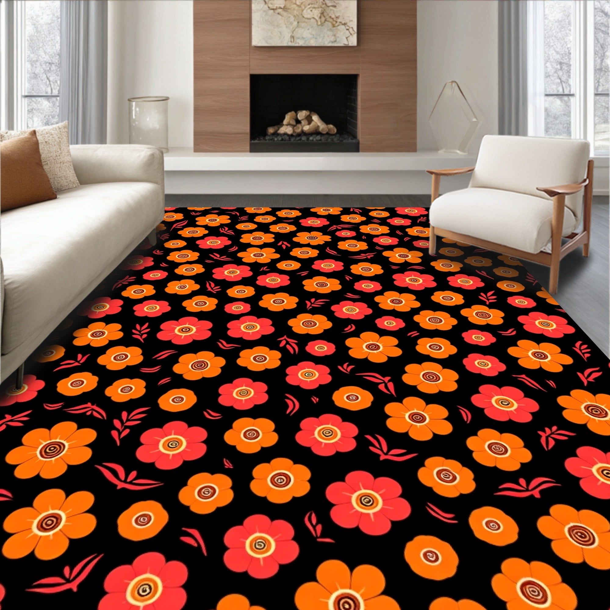 Bright Retro Floral Pattern Rug