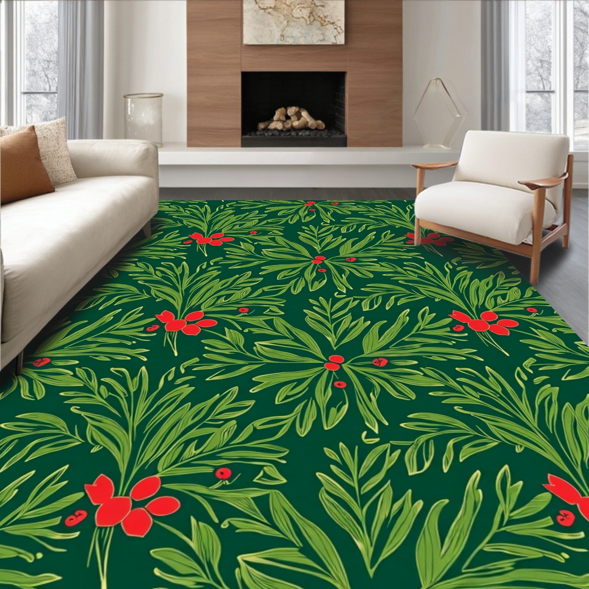 Emerald Green Scarlet Berry Foliage Rug