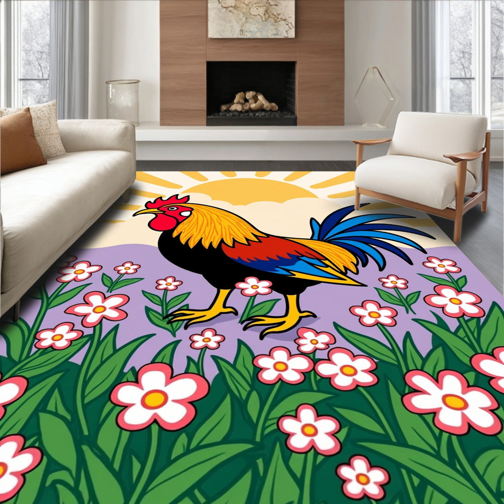 Rooster Flower Patterned Meadow Rug