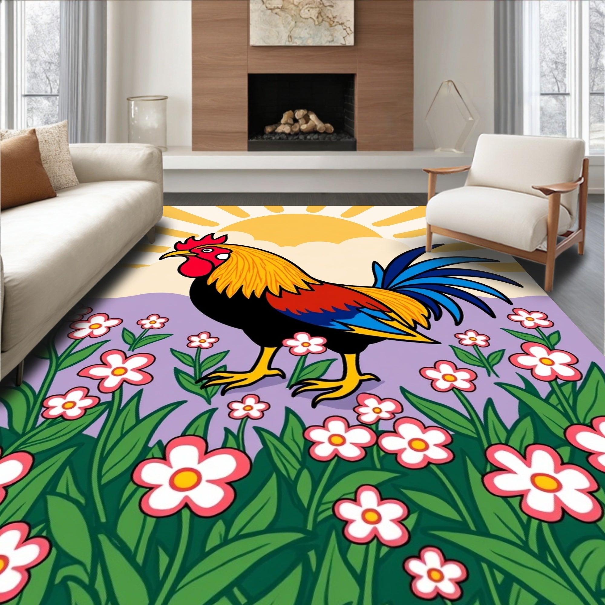 Rooster Flower Patterned Meadow Rug