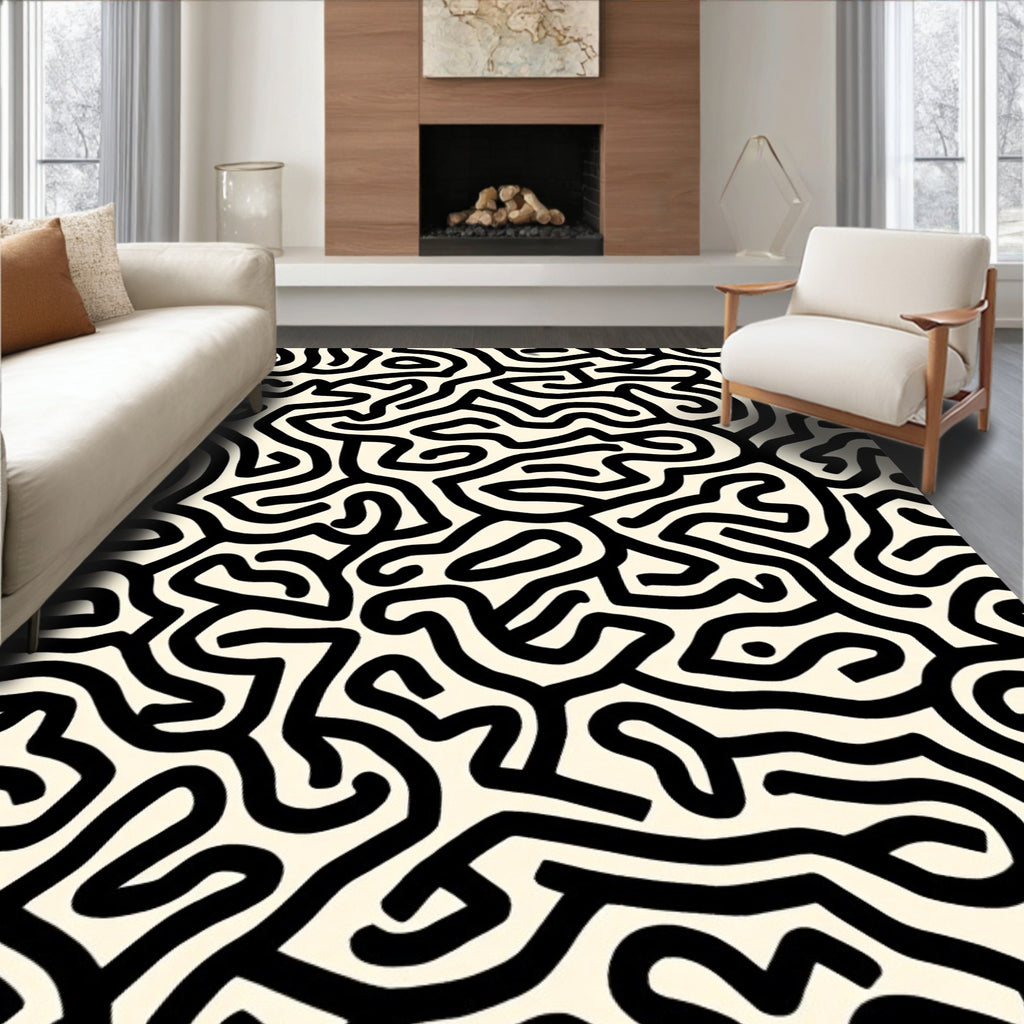 Abstract Black White Maze Pattern Rug