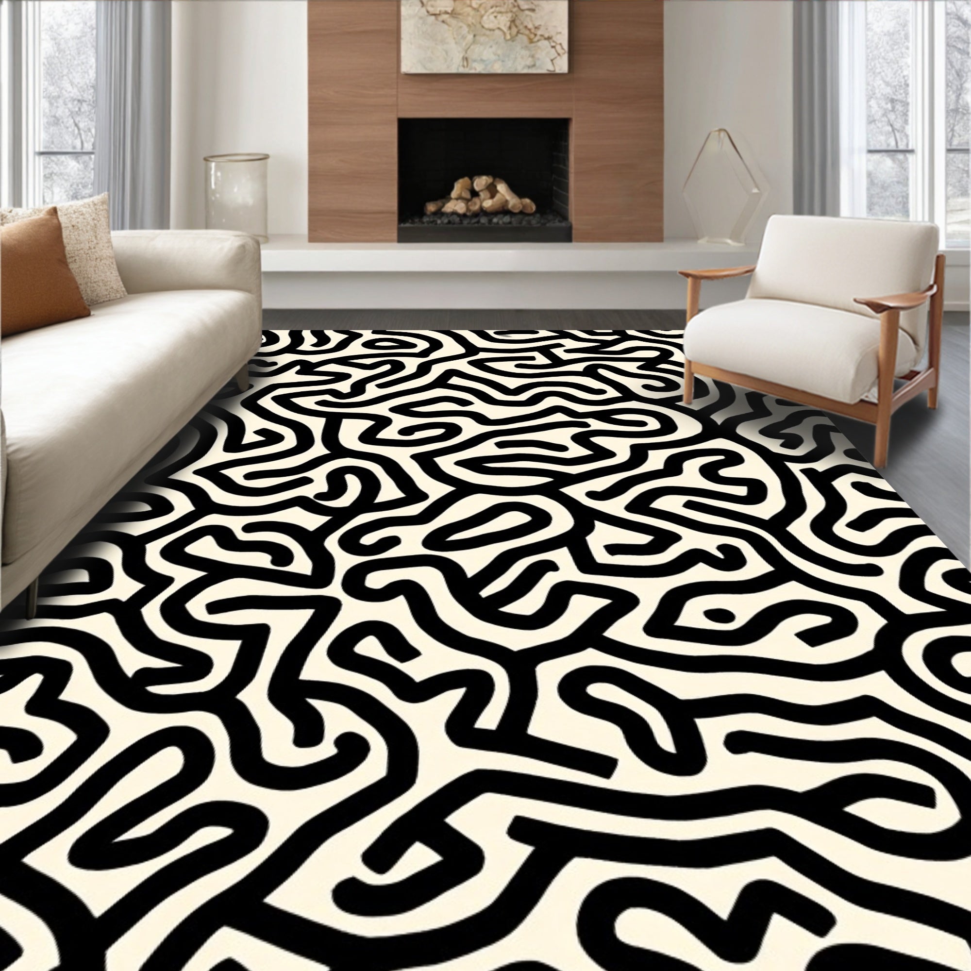 Abstract Black White Maze Pattern Rug