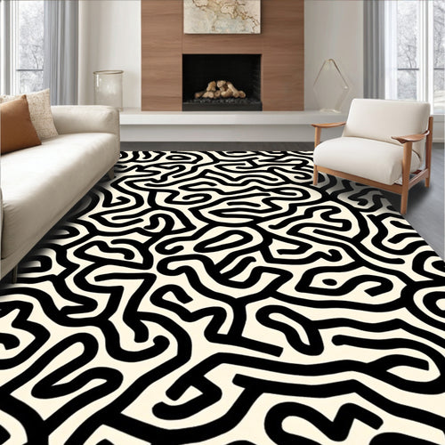 Abstract Black White Maze Pattern Rug