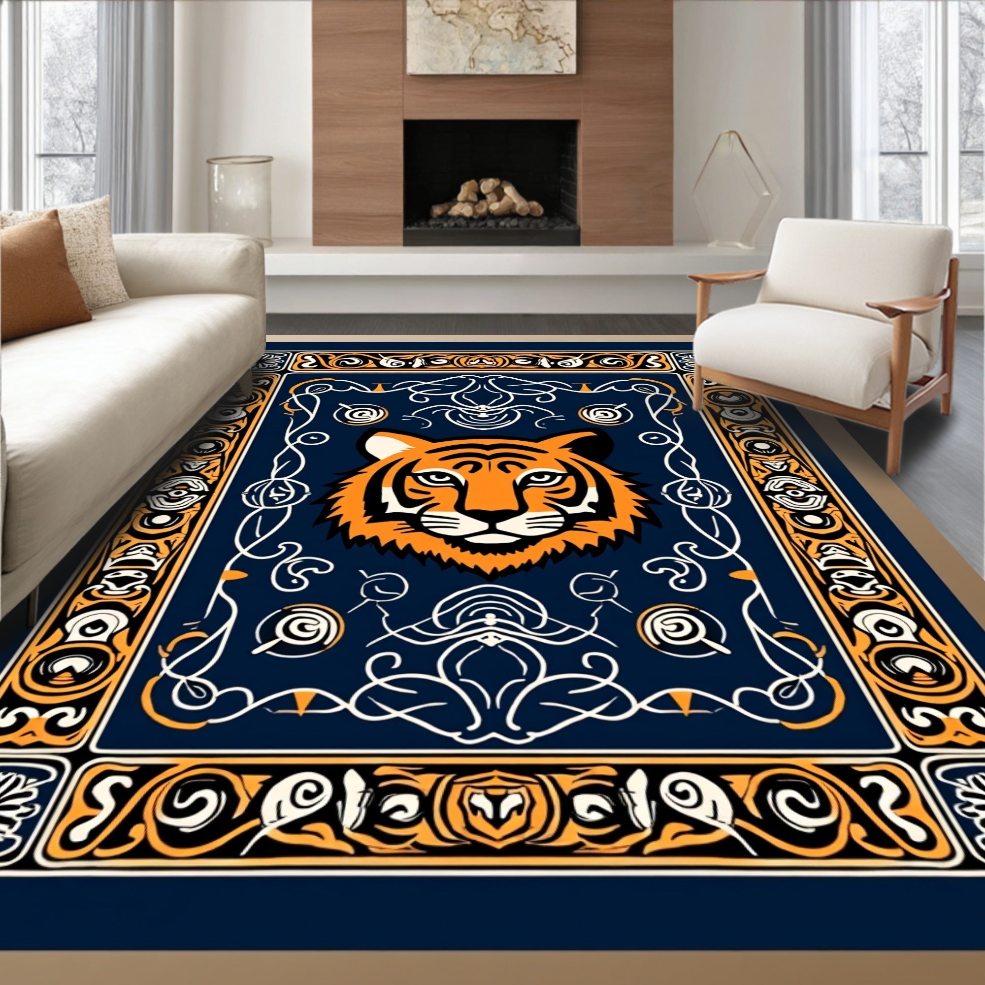 Ornate Tiger Face Pattern Rug