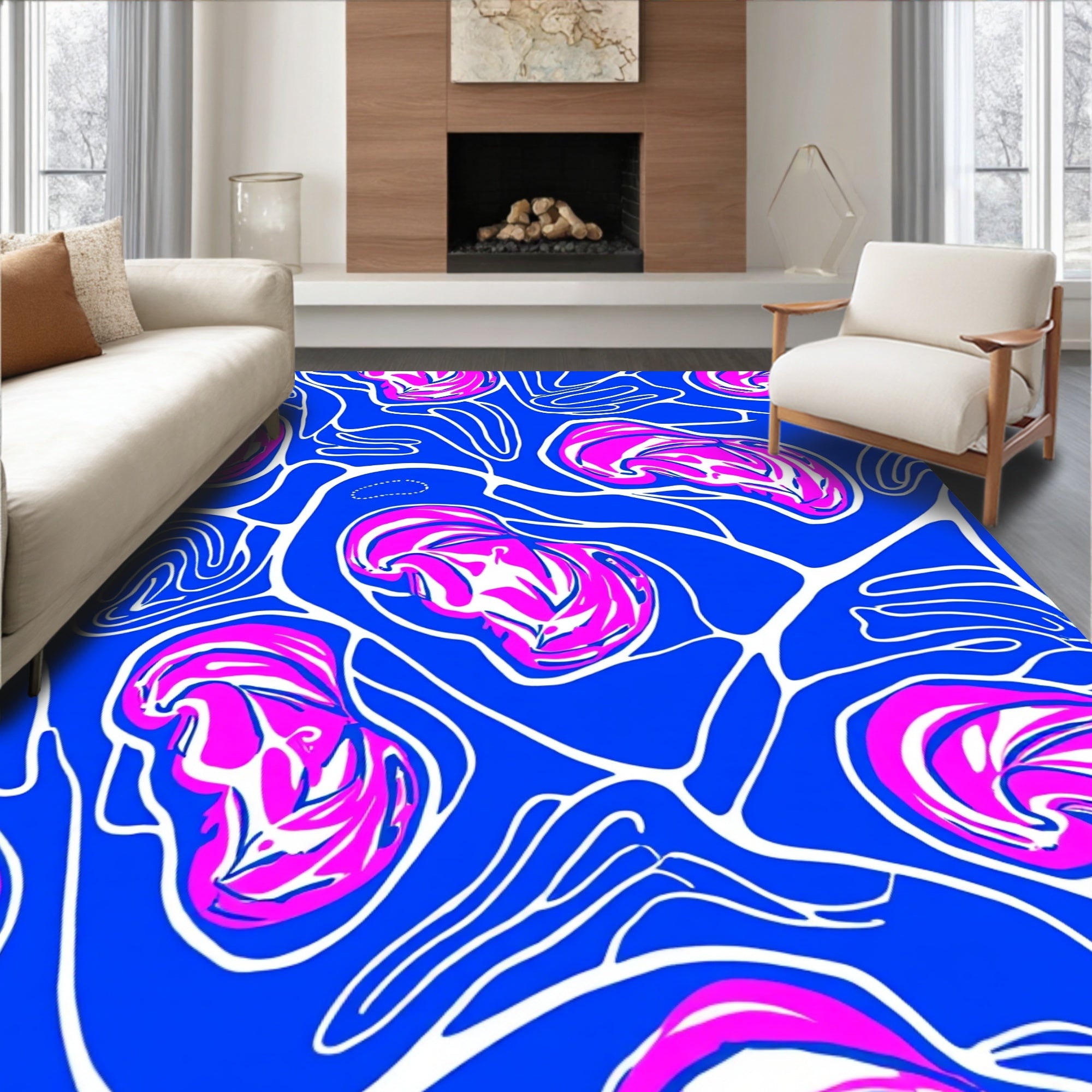 Vibrant Blue Pink Organic Swirl Rug